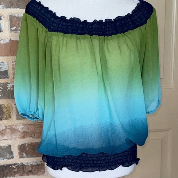 Smocked Trim Ombré Off Shoulder Top Gradient Green Blue Ruffled 3/4 Sleeve Sz M - Picture 9 of 9
